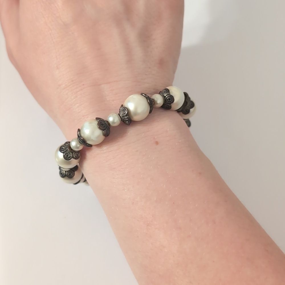 830 Victorian Silver Faux Pearl Beaded Tennis Bracelet with Toggle Clasp